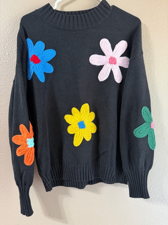 Zesica Sweaters - Black Crewneck Sweater with Multicolor Floral Appliqués - Women